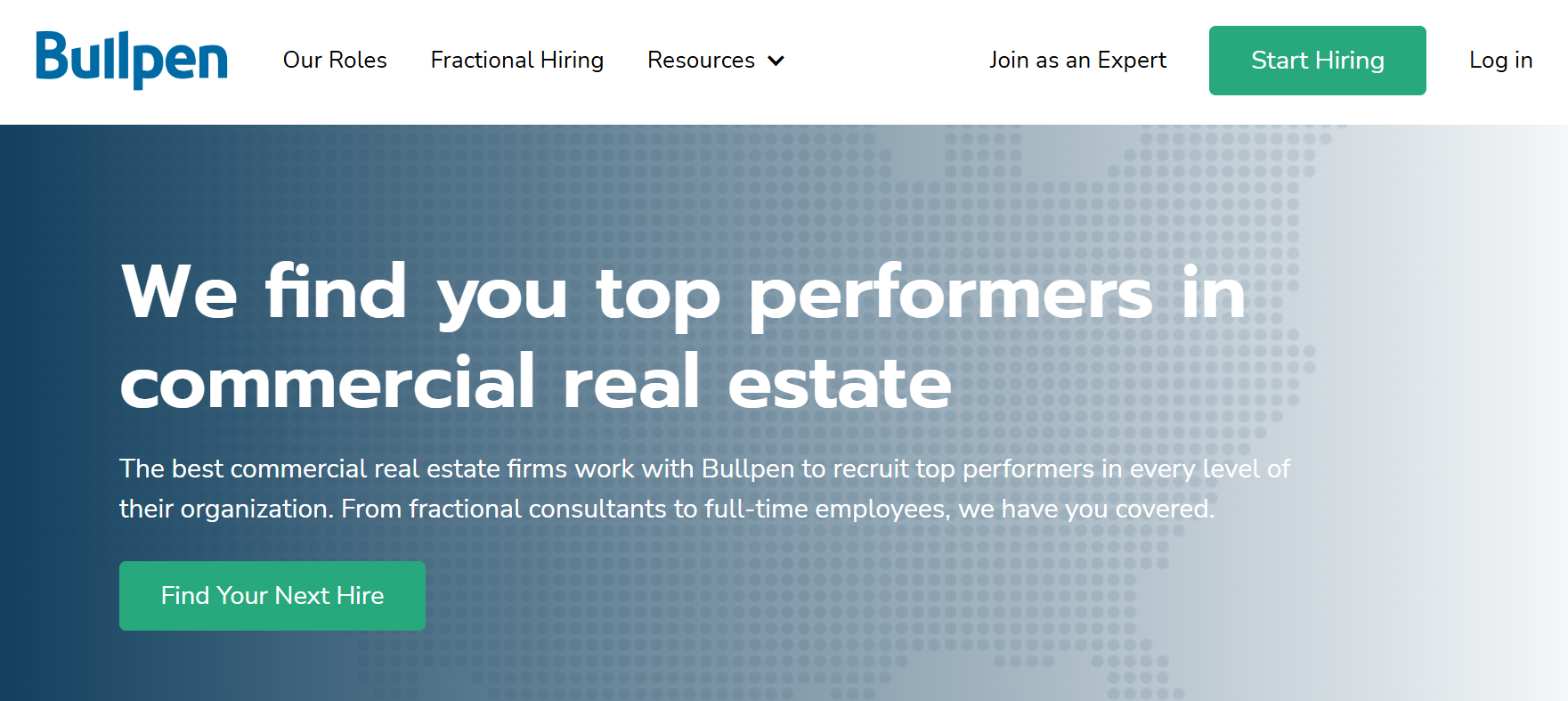 App.BullpenRE.com finance & real estate solutions showing Commercial real estate recruitment platform connecting top performers with leading firms