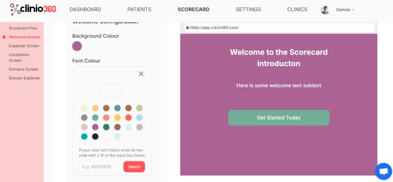 App.Clinio360.com scorecard & consulting tools showing Healthcare platform with patient management and scorecard solutions