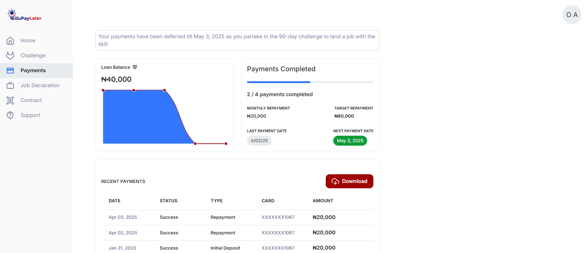EduPayLater application screenshot showing finance platform interface and features