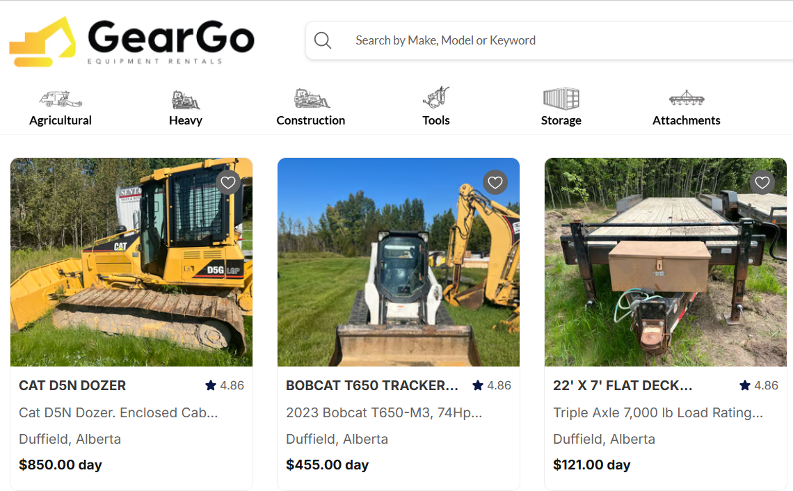 GearGoRentals application screenshot showing marketplace interface and features