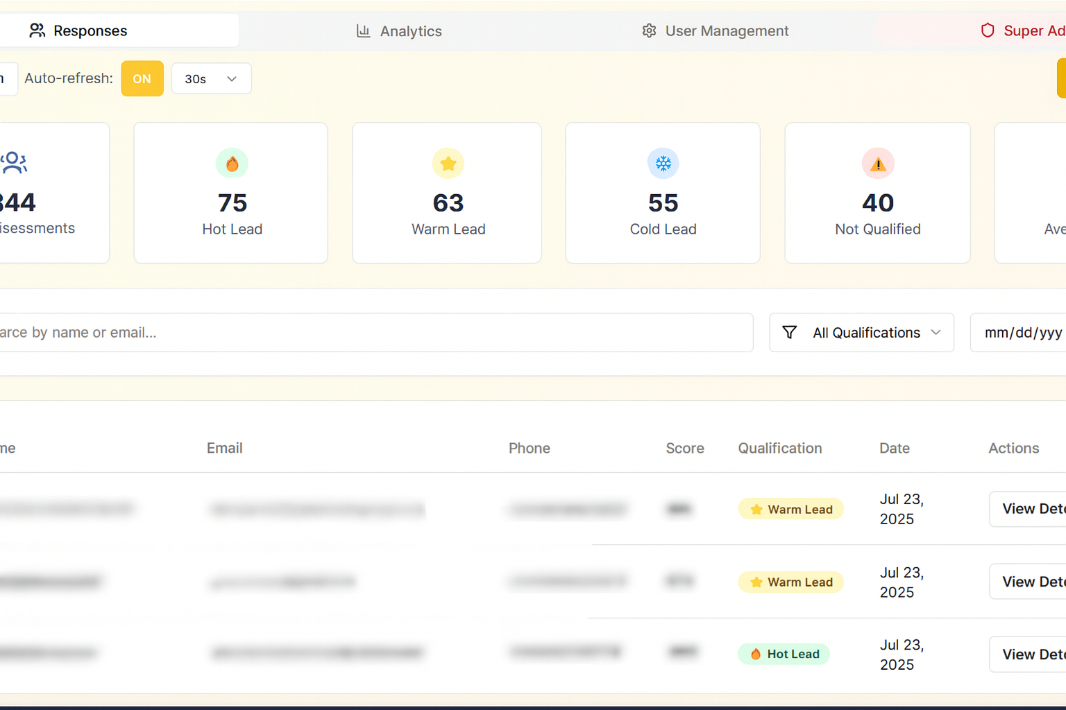 LeadScoreAI application screenshot showing marketing saas interface and features