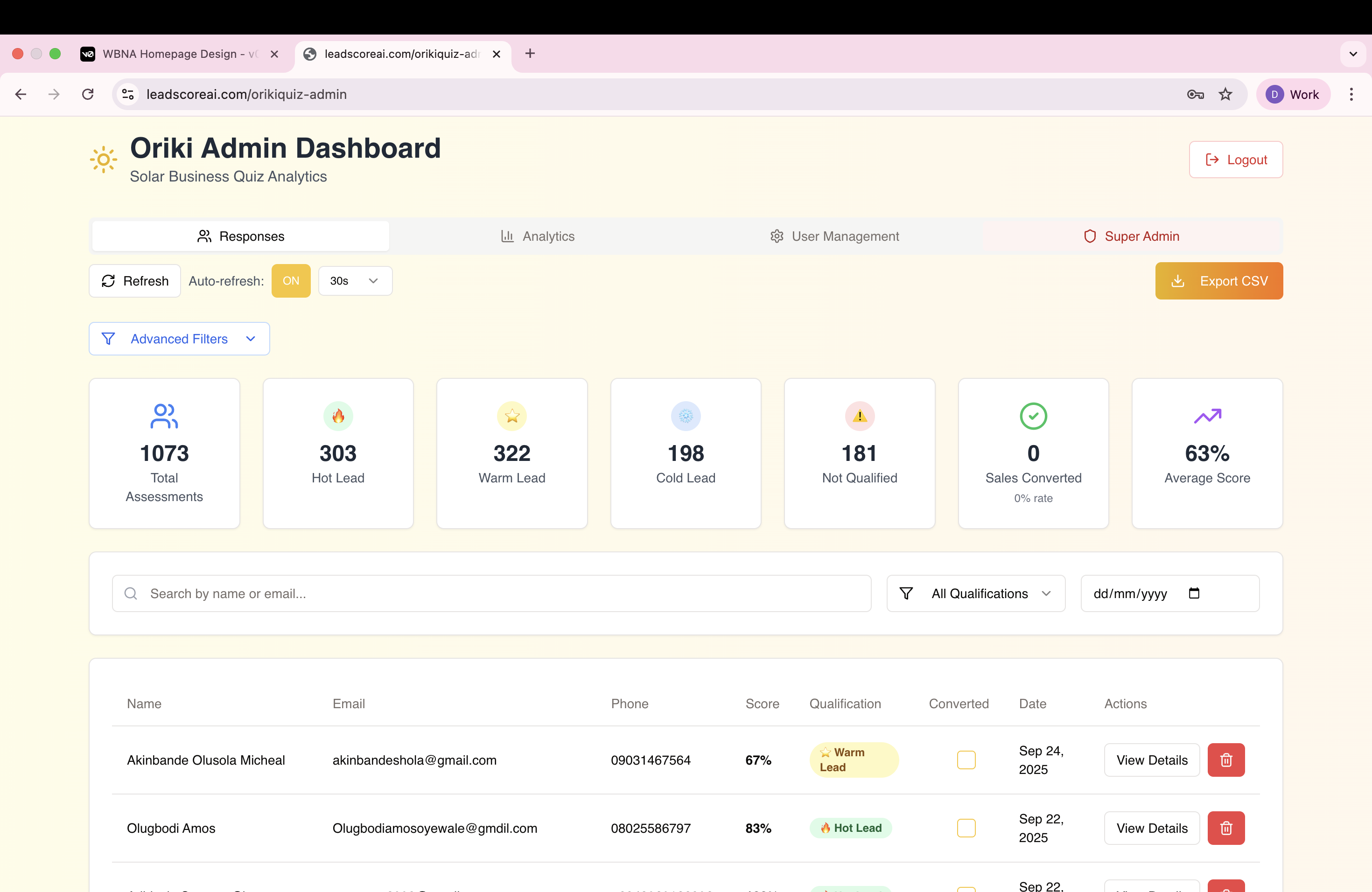 Oriki Energy LeadScoreAI dashboard showing 1073 total assessments, lead qualification metrics with 303 hot leads, 322 warm leads, 198 cold leads, and prospect management interface